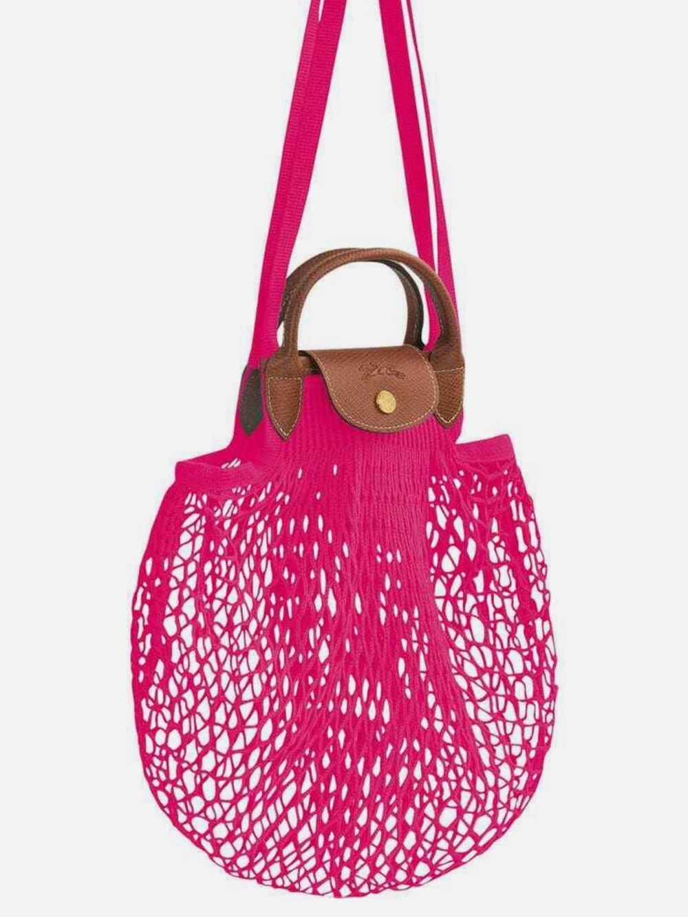 Longchamp le pliage Pink Mesh Tote Shoulder Bag with Brown Trim. LIKE NEW! Big - Picture 3 of 4